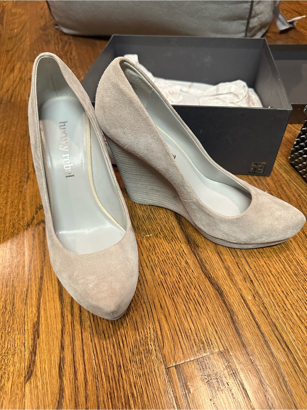luxury rebel Winter Gray Suede Wedge Pumps